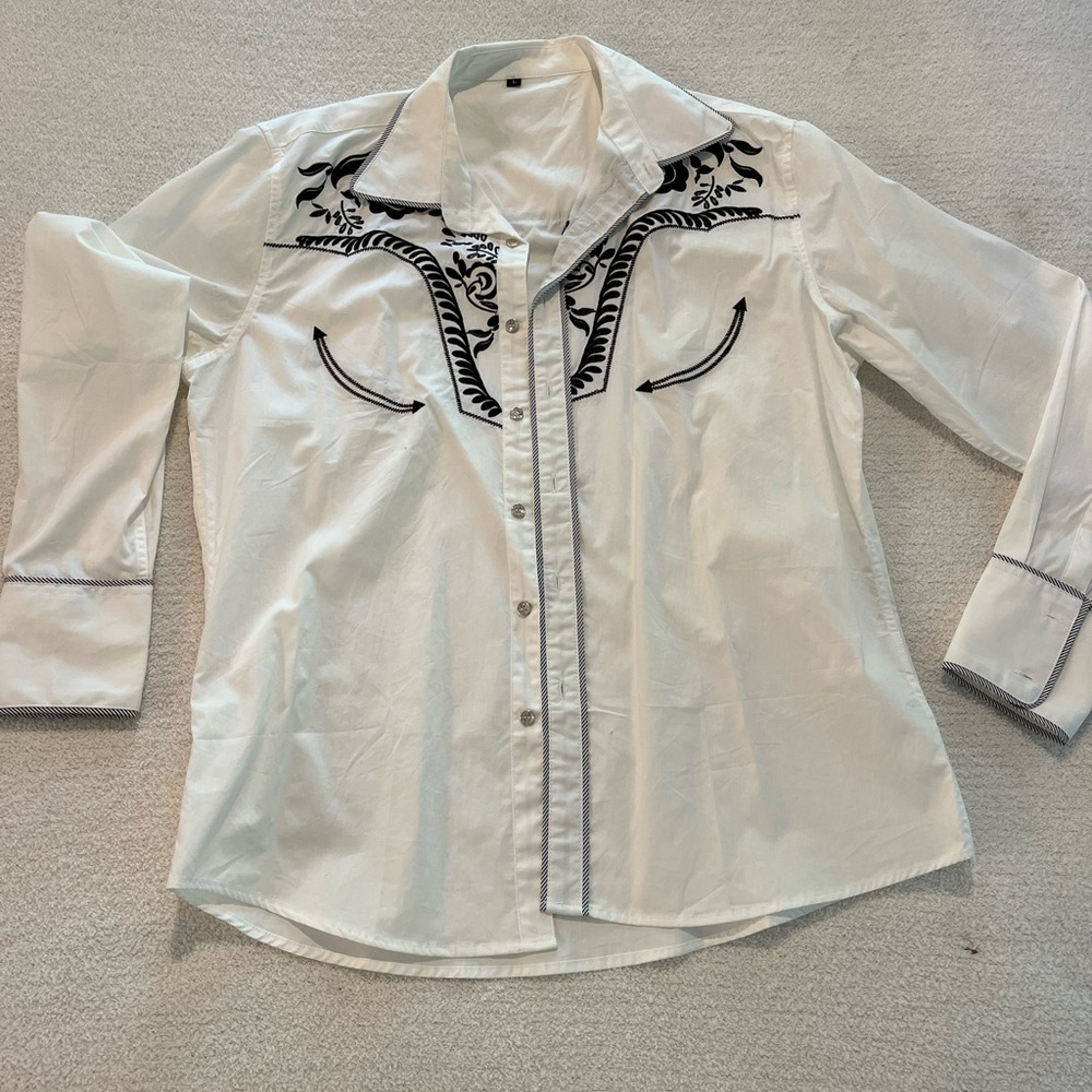 White Western Shirt with Black Embroidery